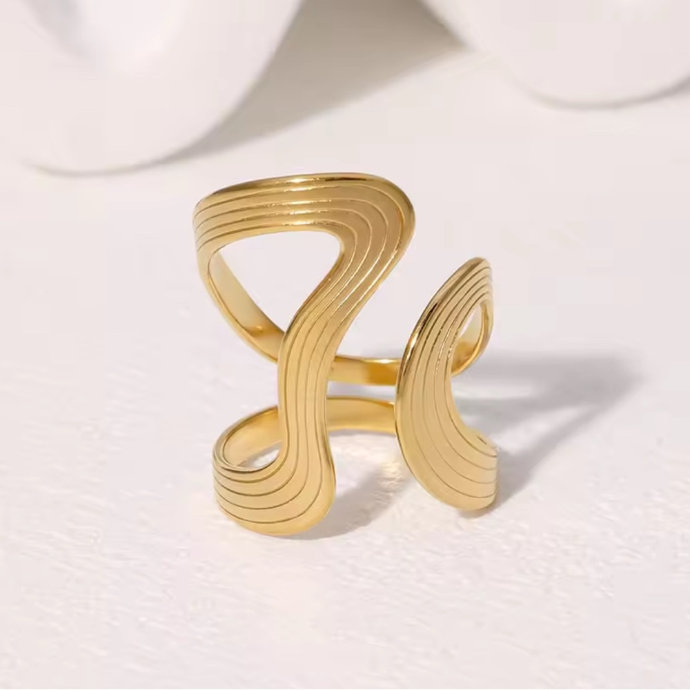 Gold Wave Statement Ring Adjustable Modern Design - image 2